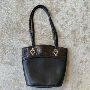 Brighton Black Leather Bucket Purse Bag Braided Handle Snap Close Heart Detail